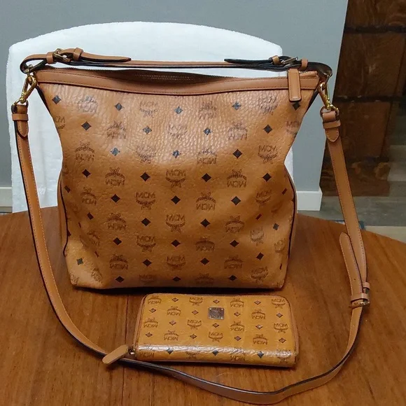 MCM Cognac Hobo Bag with Matching Wallet Iconic Monogram Print - Picture 4 of 12